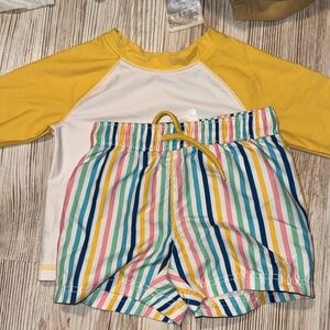 6-12 month - Old Navy Yellow and White Rashguard with Striped Shorts